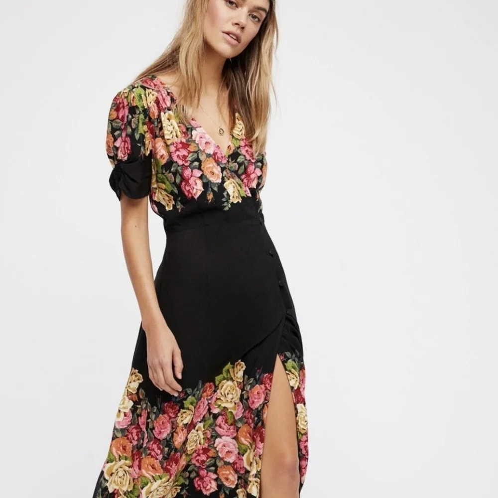 Free People Jamie Floral Midi Dress Black Women's XS